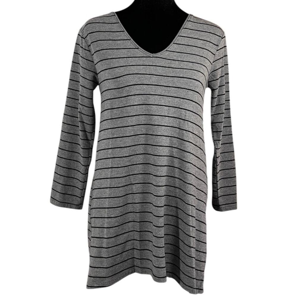 Gilligan & O'Malley Long Sleeve Night Shirt Nightie Gray Black Stripes XS/TP